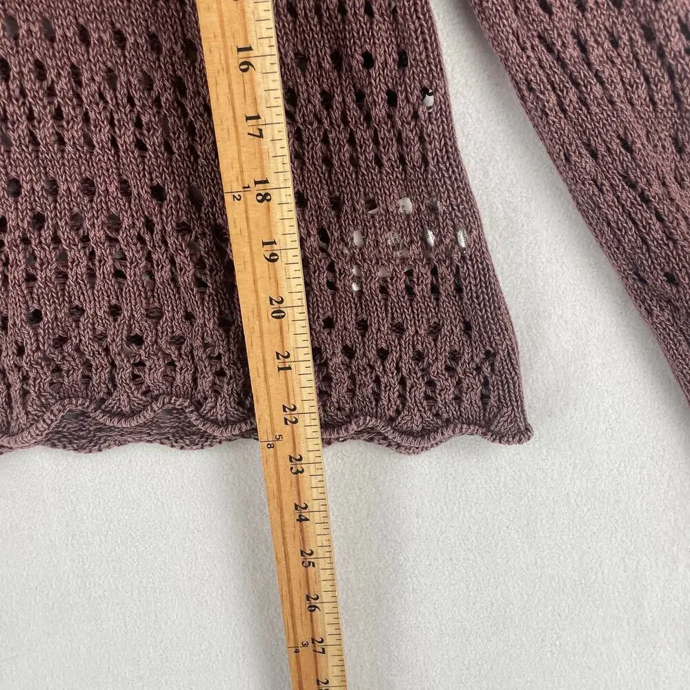 Free People Womens Pointelle Pullover Chicory Coffee Sweater SZ M Ribbon Cuff